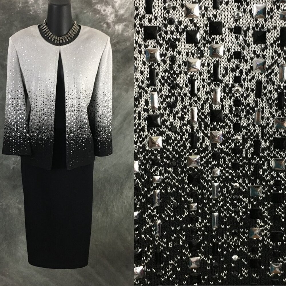 BEAUTIFUL st john knit black silver shimmer embellished evening skirt suit 8